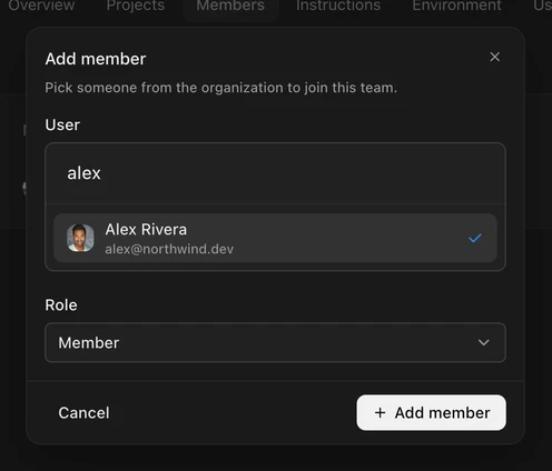 The Add member dialog with a person selected and the Member role