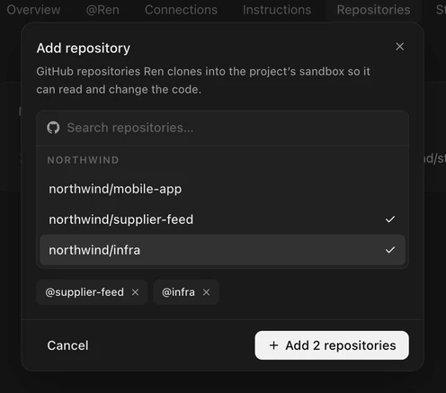 The Add repository dialog with two GitHub repositories selected
