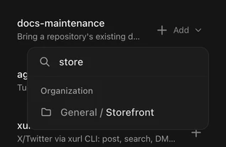 A skill's Add menu searched down to the Storefront project in the General team