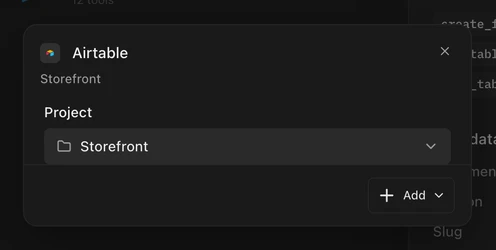 The Add dialog for a custom MCP with the Storefront project chosen