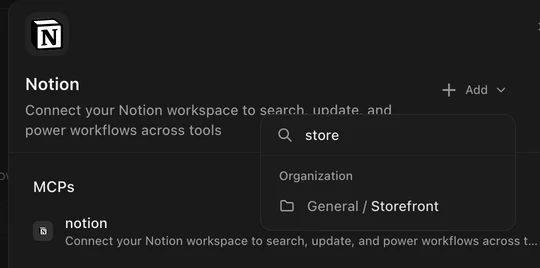An app's Add menu searched down to the Storefront project in the General team