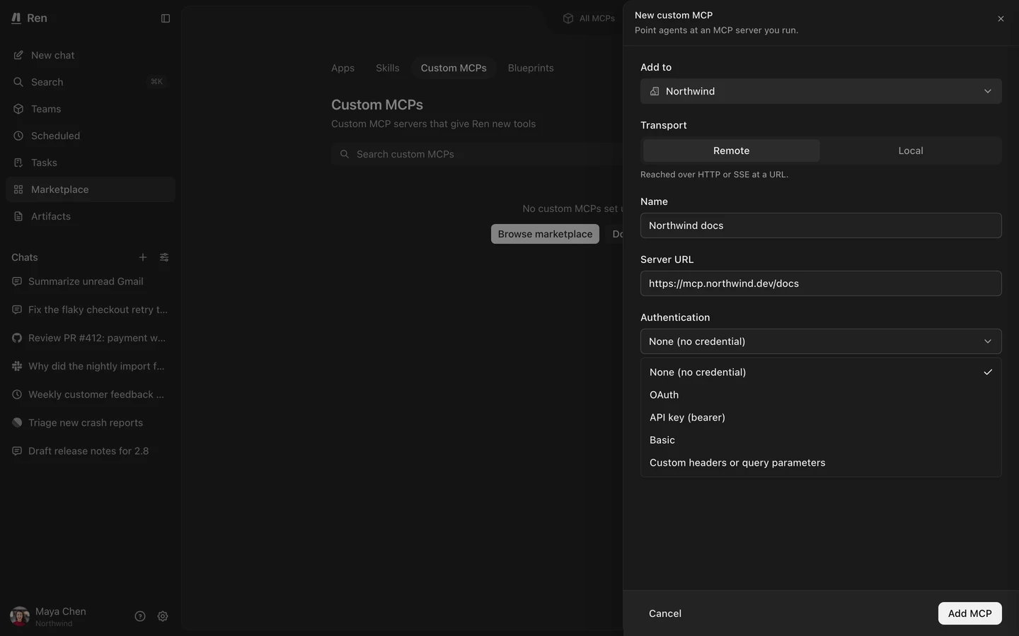 The New custom MCP form with Transport set to Remote, a server URL, and the Authentication menu open
