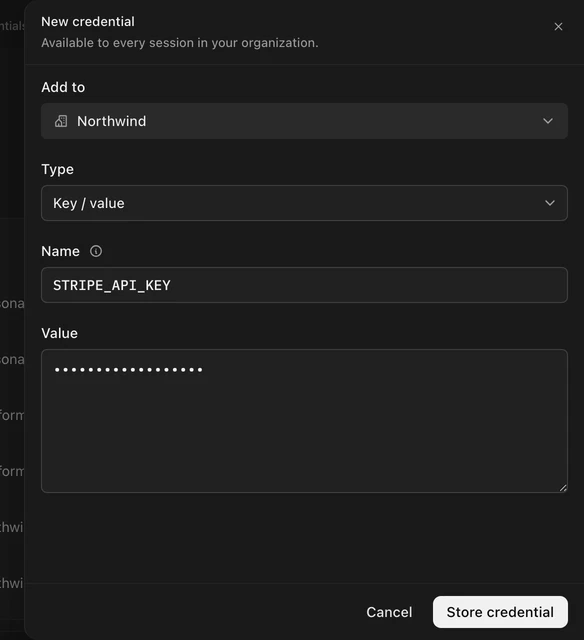 The New credential drawer with the organization level, an UPPER_SNAKE_CASE name, and a masked value
