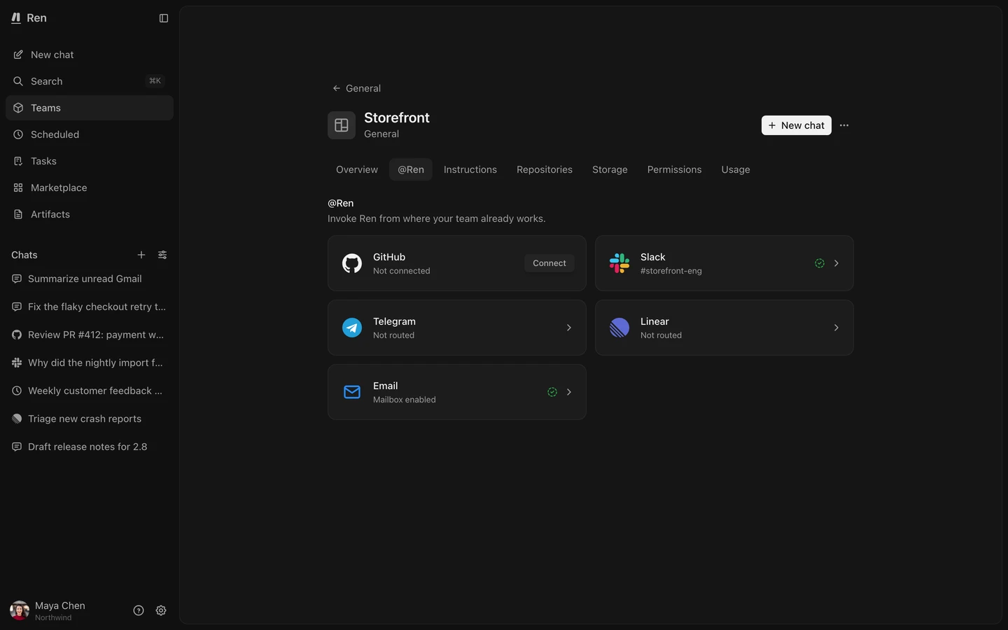 A project's @Ren tab with the Email card showing Mailbox enabled