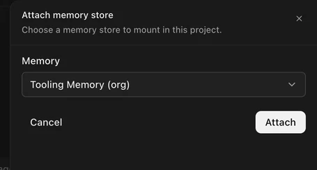 The Attach memory store drawer with a store picked and the Attach button