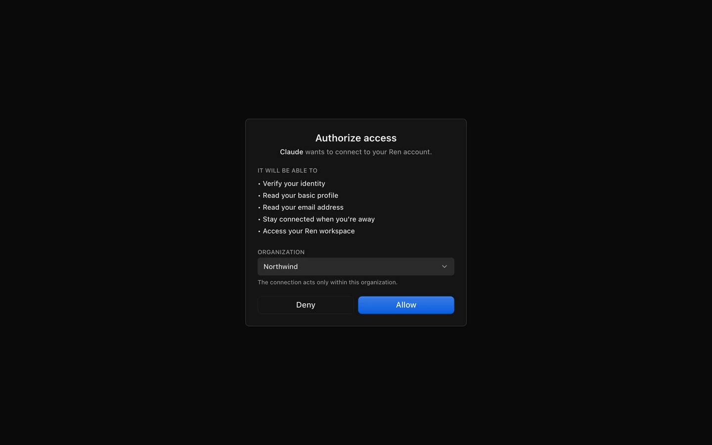 The Authorize access screen with the organization picker and the Allow button