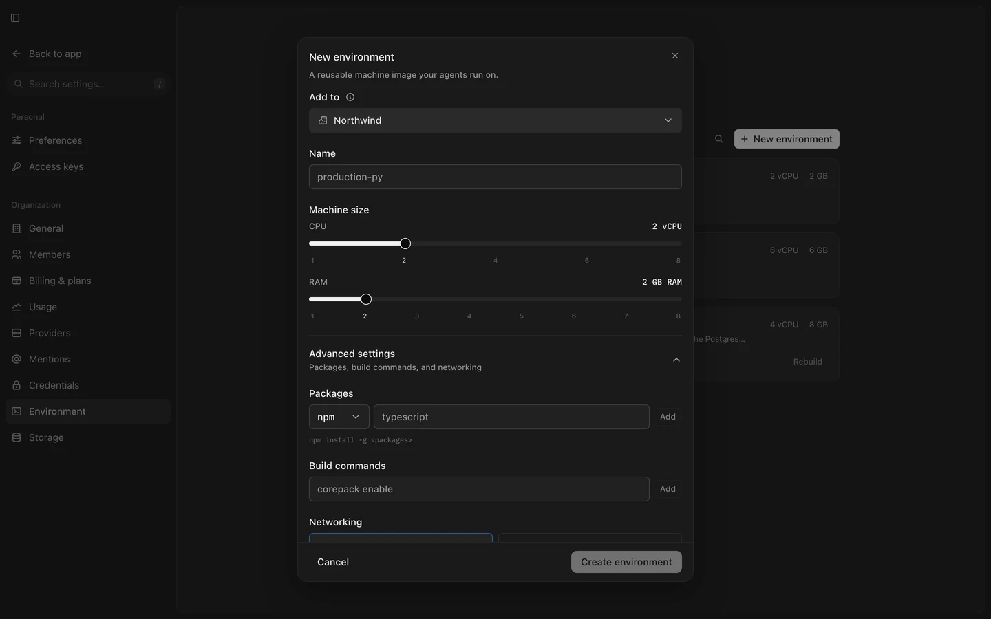 The New environment dialog with a machine size set and Advanced settings open, showing packages and a build command
