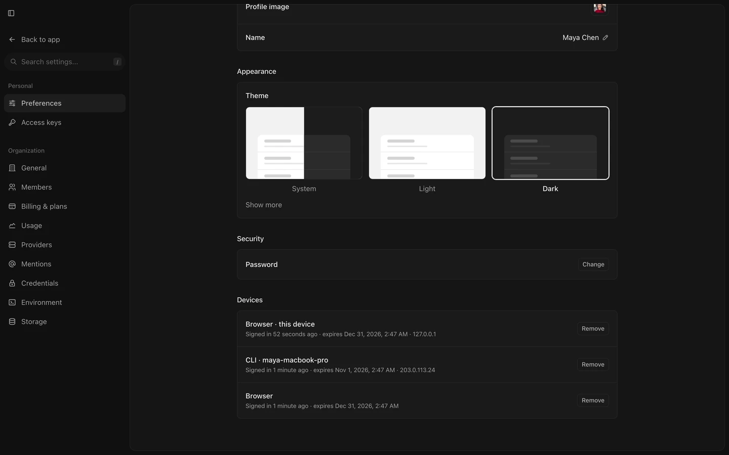 Settings Preferences Devices listing a CLI device row next to the current browser