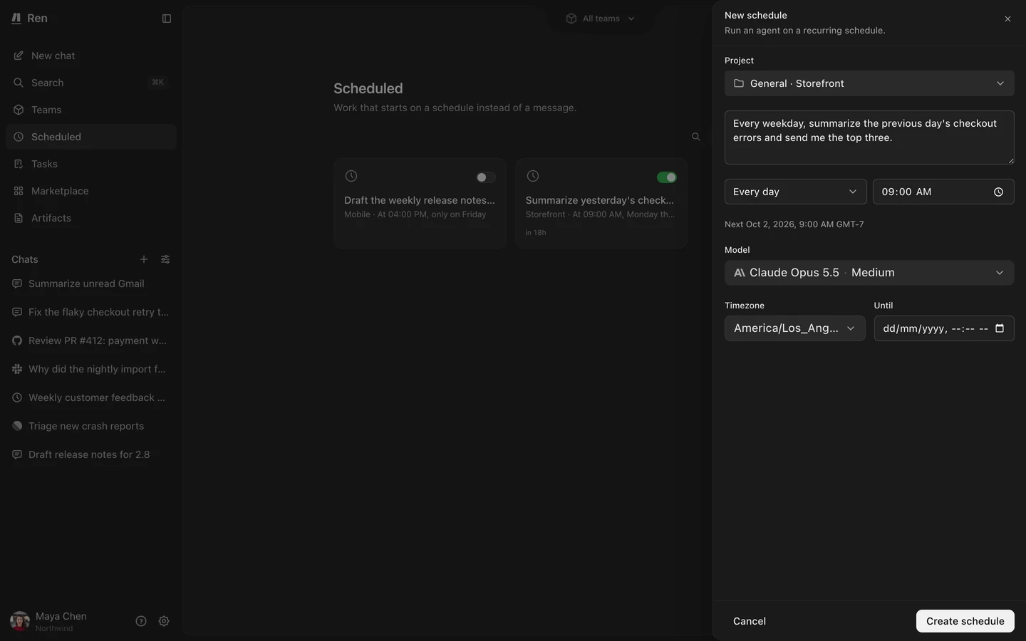 The New schedule dialog with message, project, repeat, time, timezone, and model filled in