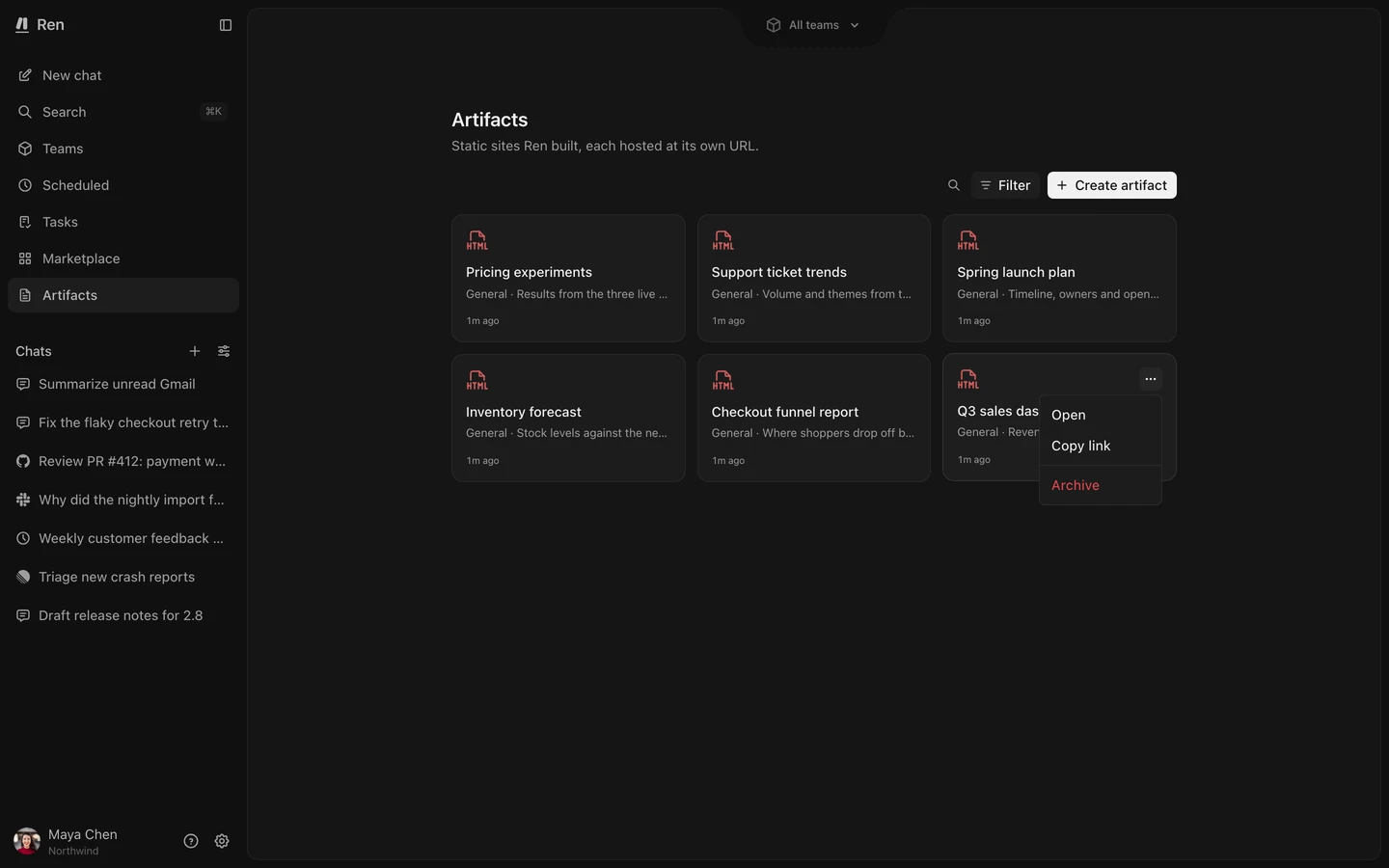The Artifacts page with several artifact cards and one card's menu open