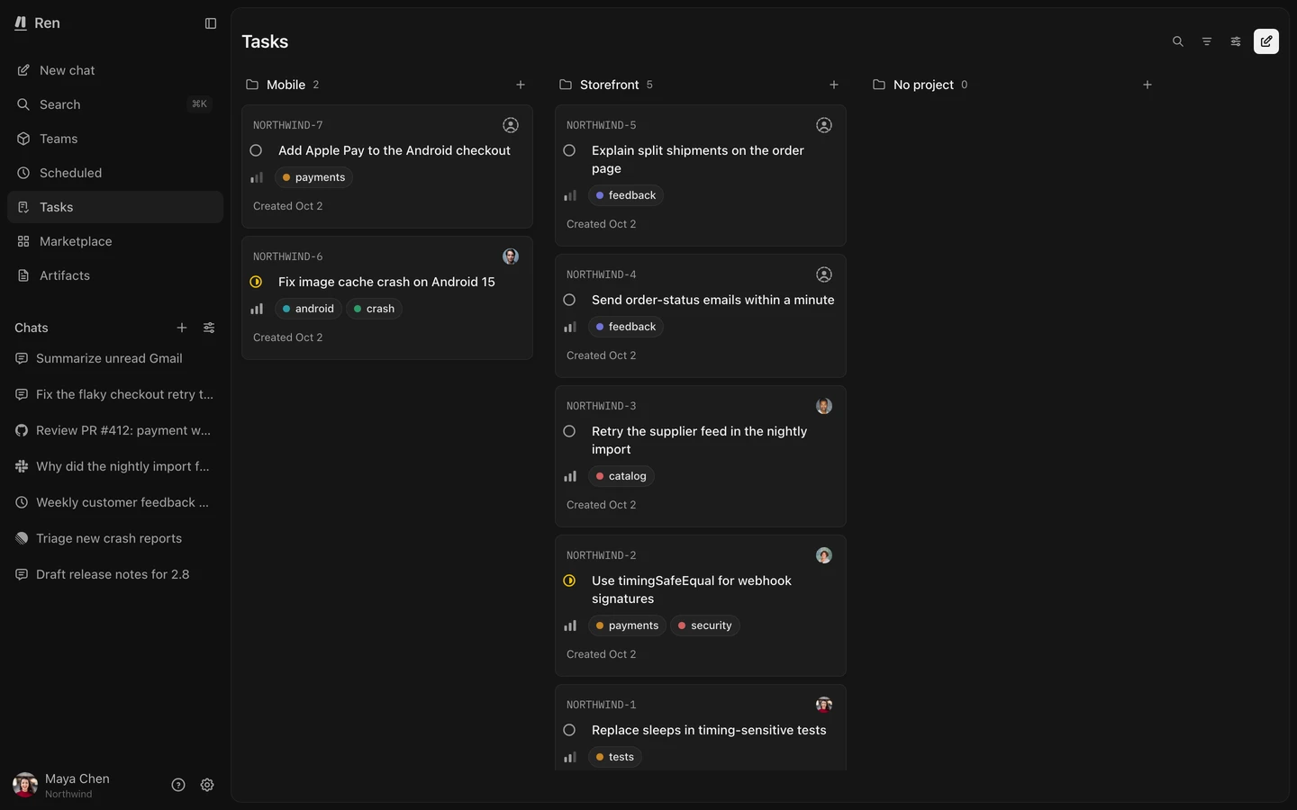 The Tasks page in Board layout with one column per project