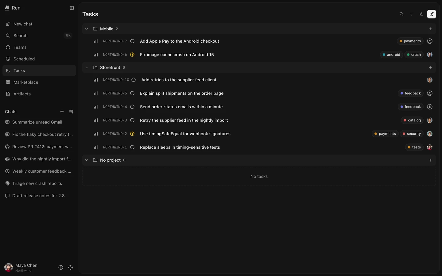 The Tasks list showing each task's labels and status