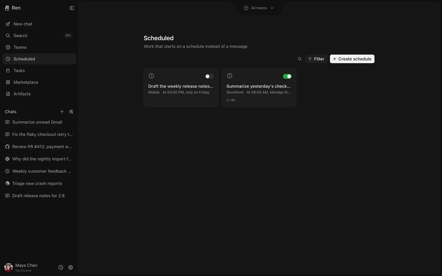 The Scheduled page with one active and one paused schedule