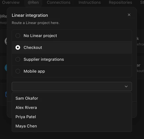 The Linear integration dialog with a Linear project selected and the session sender list open