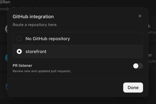 The GitHub integration dialog with the project's repository selected