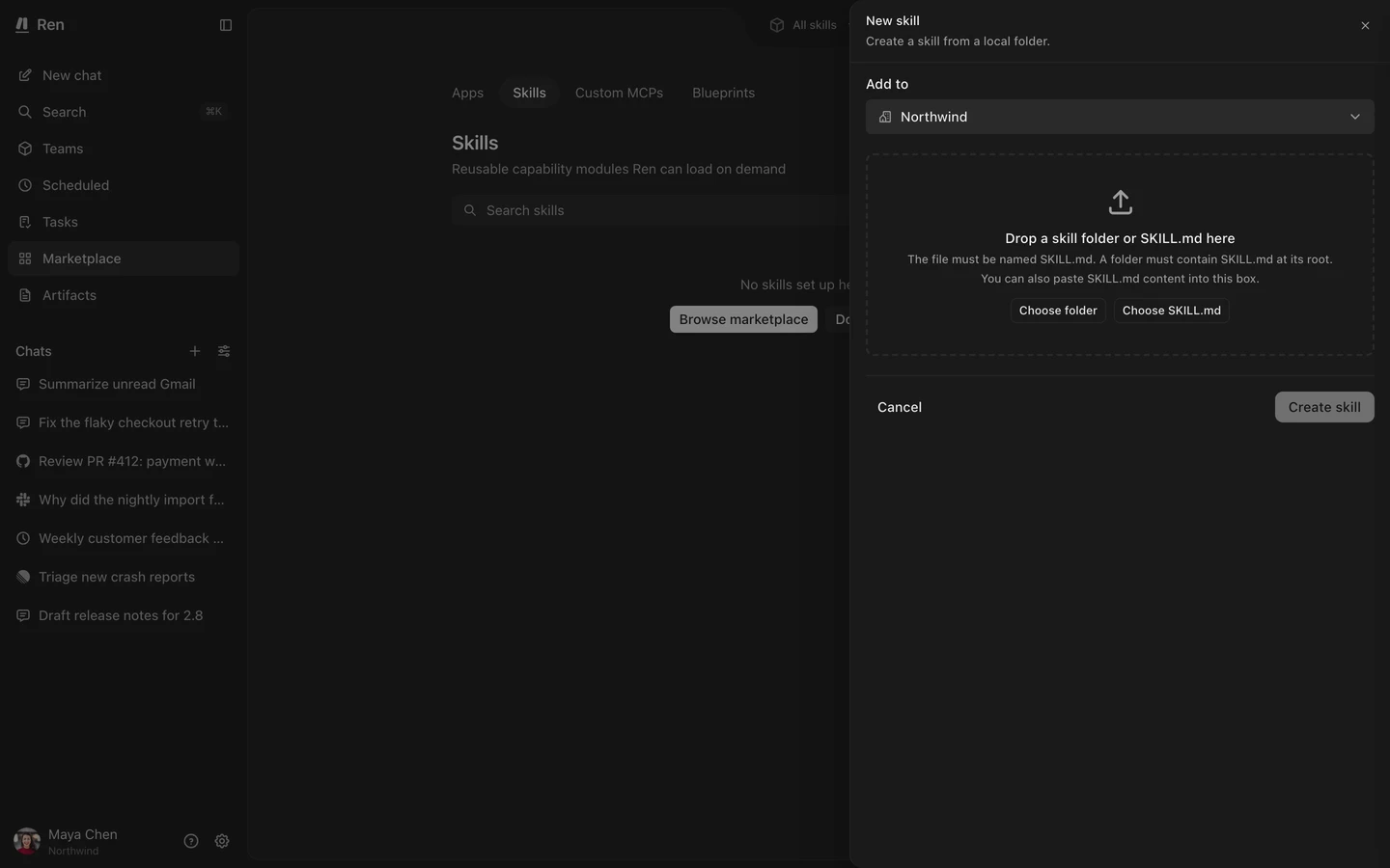 Marketplace Skills with the New skill dialog open, showing the destination and the drop area for a skill folder