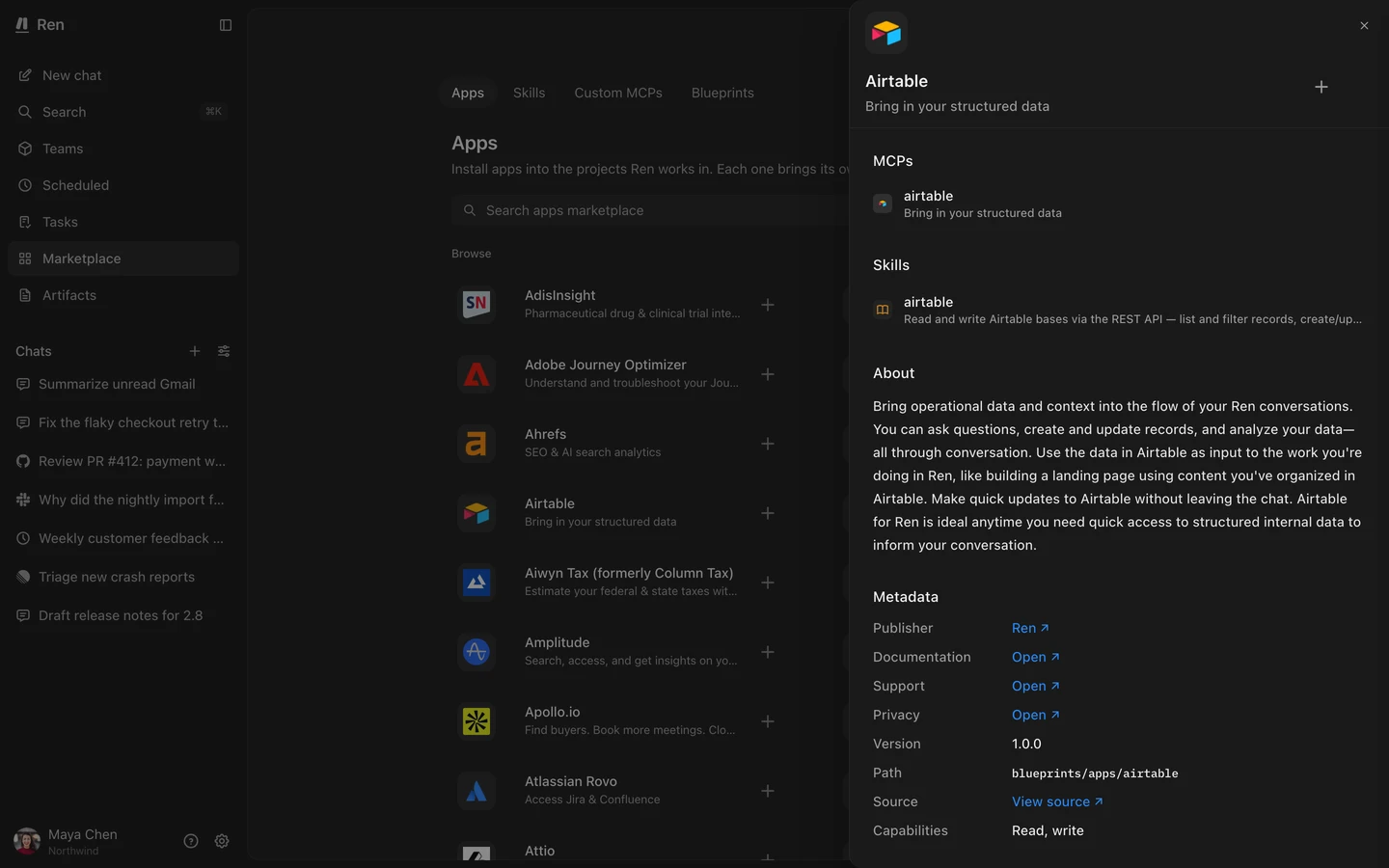 Marketplace Apps with an app drawer open, showing its MCPs, skills, and the Add button