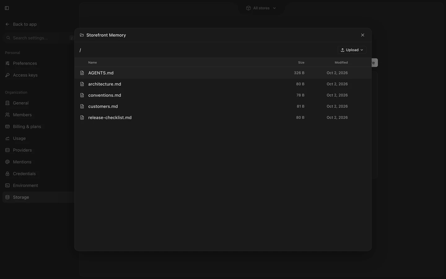 A memory store open in the file browser, showing AGENTS.md and fact files