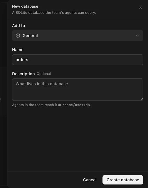 The New database drawer with the General team selected and a name entered