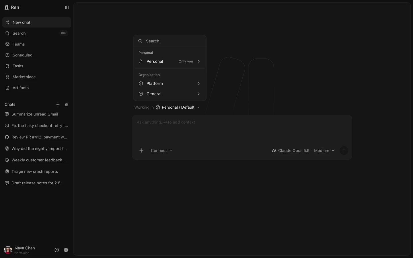 The space picker listing Personal, General, and one team space