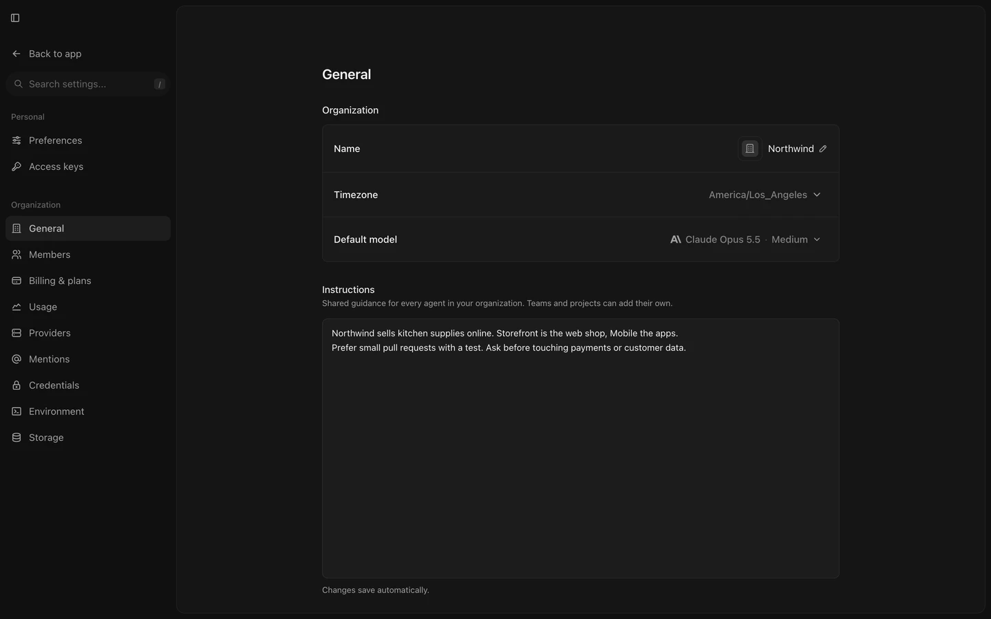 Settings General with the organization name, timezone, default model, and instructions