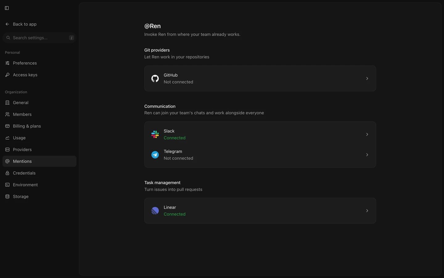 Settings Mentions listing each channel with its connection status