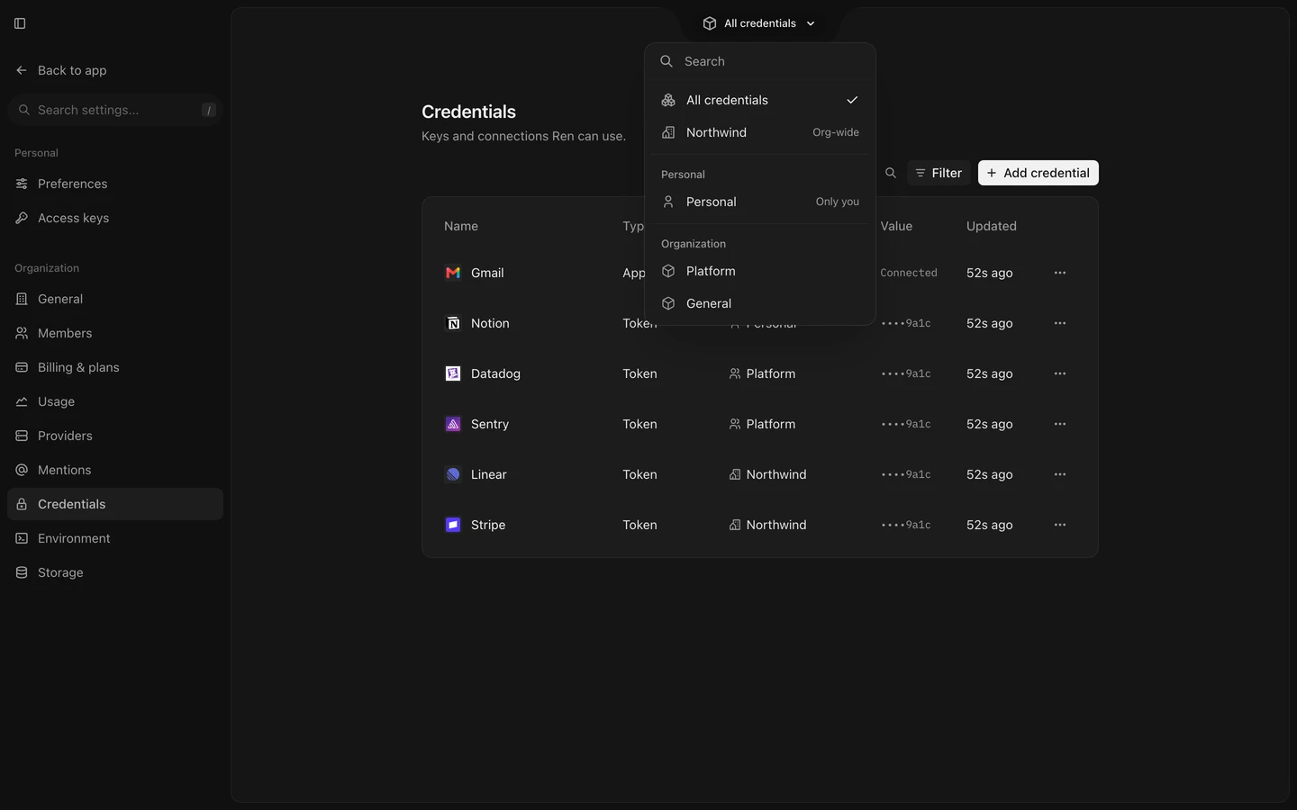 Settings Credentials listing credentials from the organization, a space, and Personal, with the scope filter open