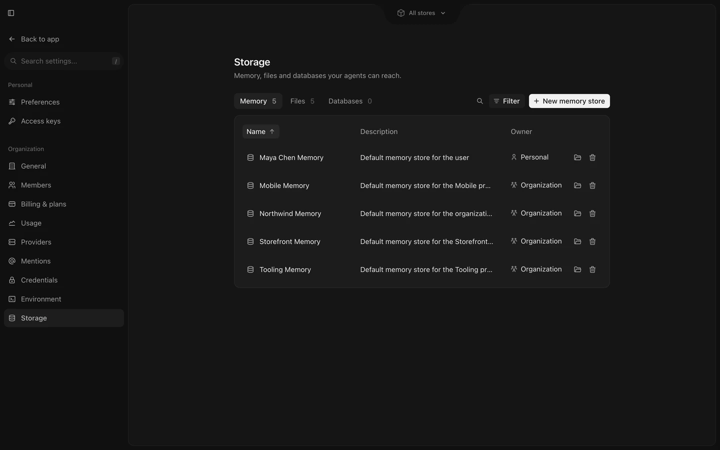 Settings Storage with the Memory, Files, and Databases tabs