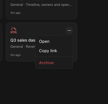 An artifact card's menu with Open, Copy link, and Archive