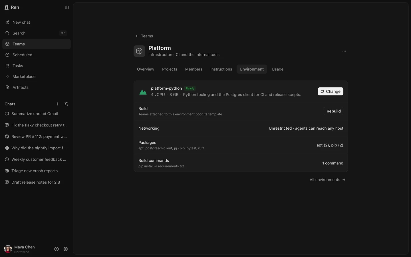 A space's Environment tab with a custom environment selected, its status, and the Rebuild button