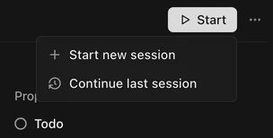 A task's Start menu with Start new session and Continue last session