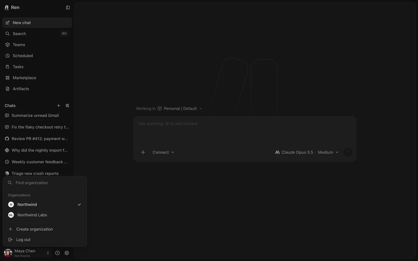 The organization menu open from the sidebar profile card, listing two organizations and Create organization