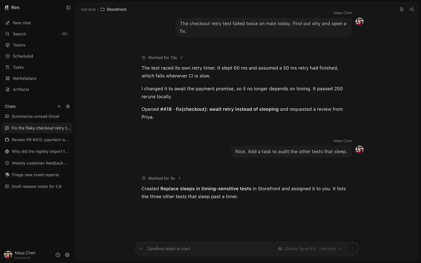 A chat with a request from the user and Ren's reply